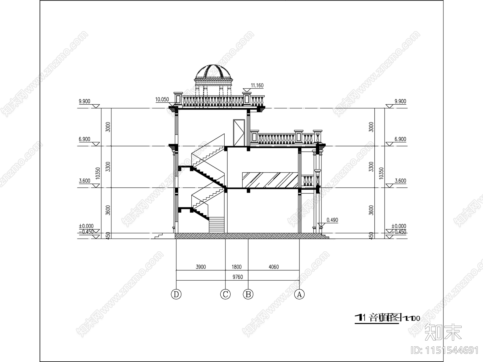 欧式三层独栋别墅建筑cad施工图下载【ID:1151544691】