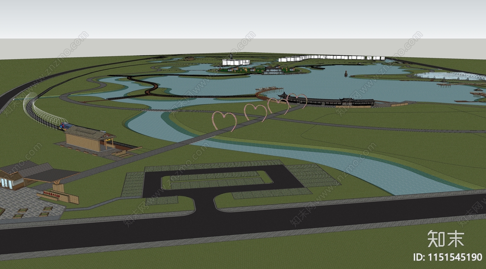 新中式景观公园SU模型下载【ID:1151545190】