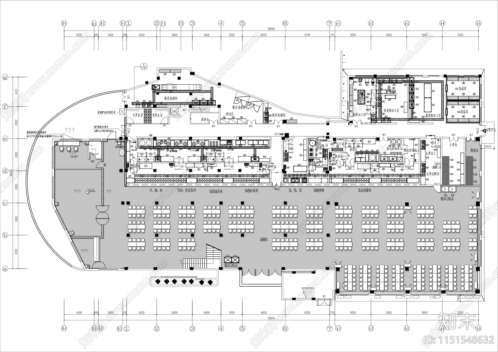 1700㎡学校食堂餐厅平面布局图cad施工图下载【ID:1151548632】