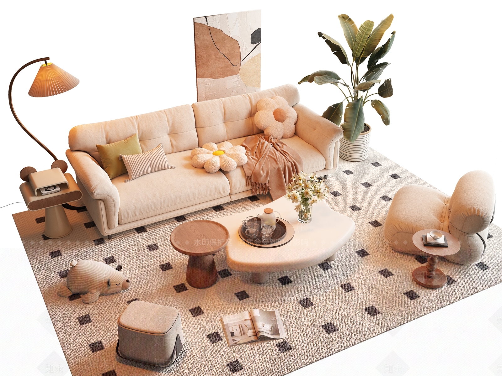 现代奶油风沙发茶几组合3D模型下载【ID:1151557007】