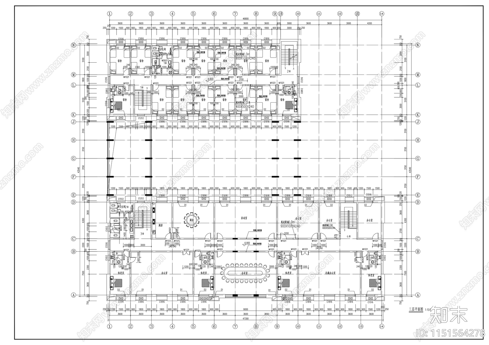 3层企业员工宿舍楼设计施工图施工图下载【ID:1151564278】