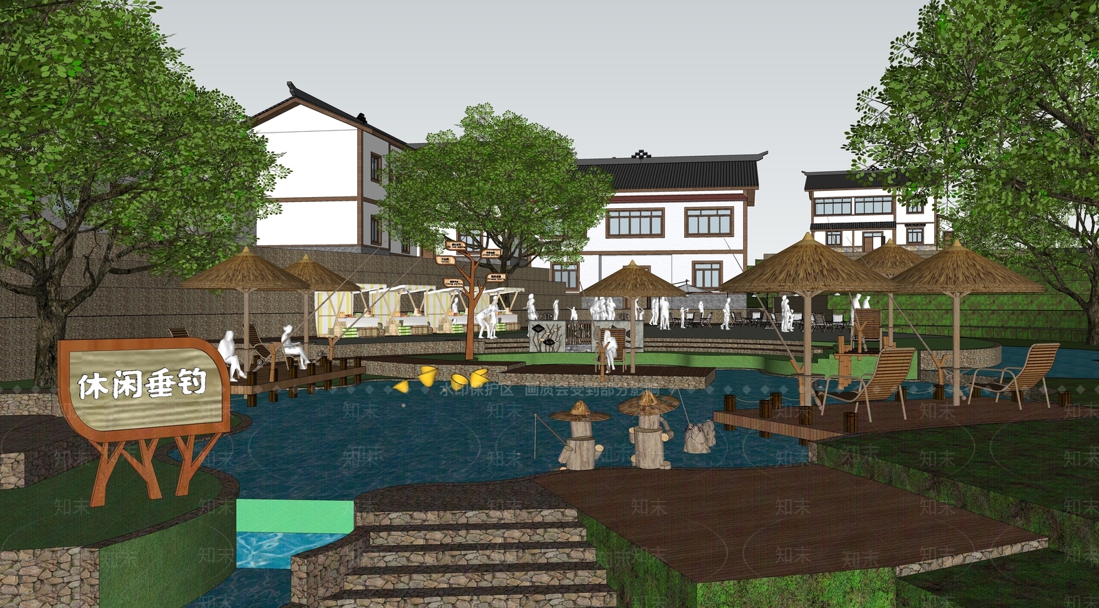 新中式乡村垂钓公园景观SU模型下载【ID:1151565591】