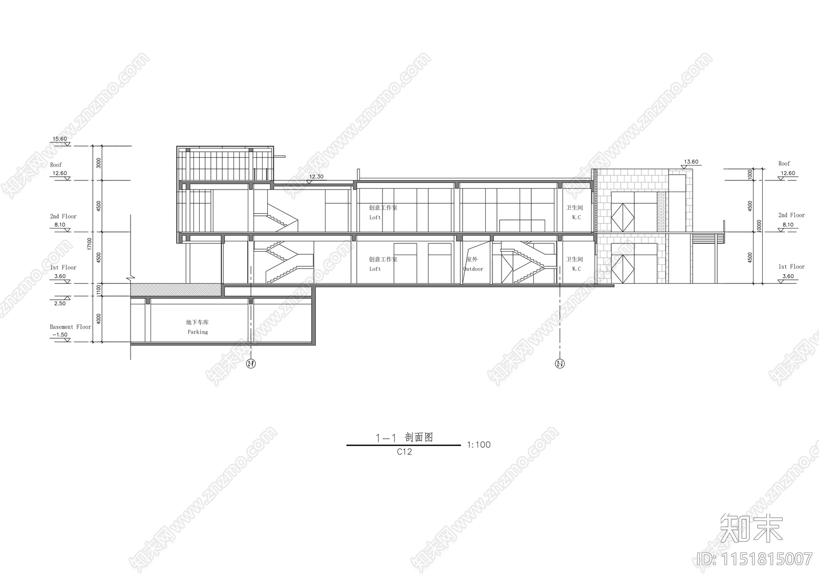 二层工业园区创意工作室建筑cad施工图下载【ID:1151815007】