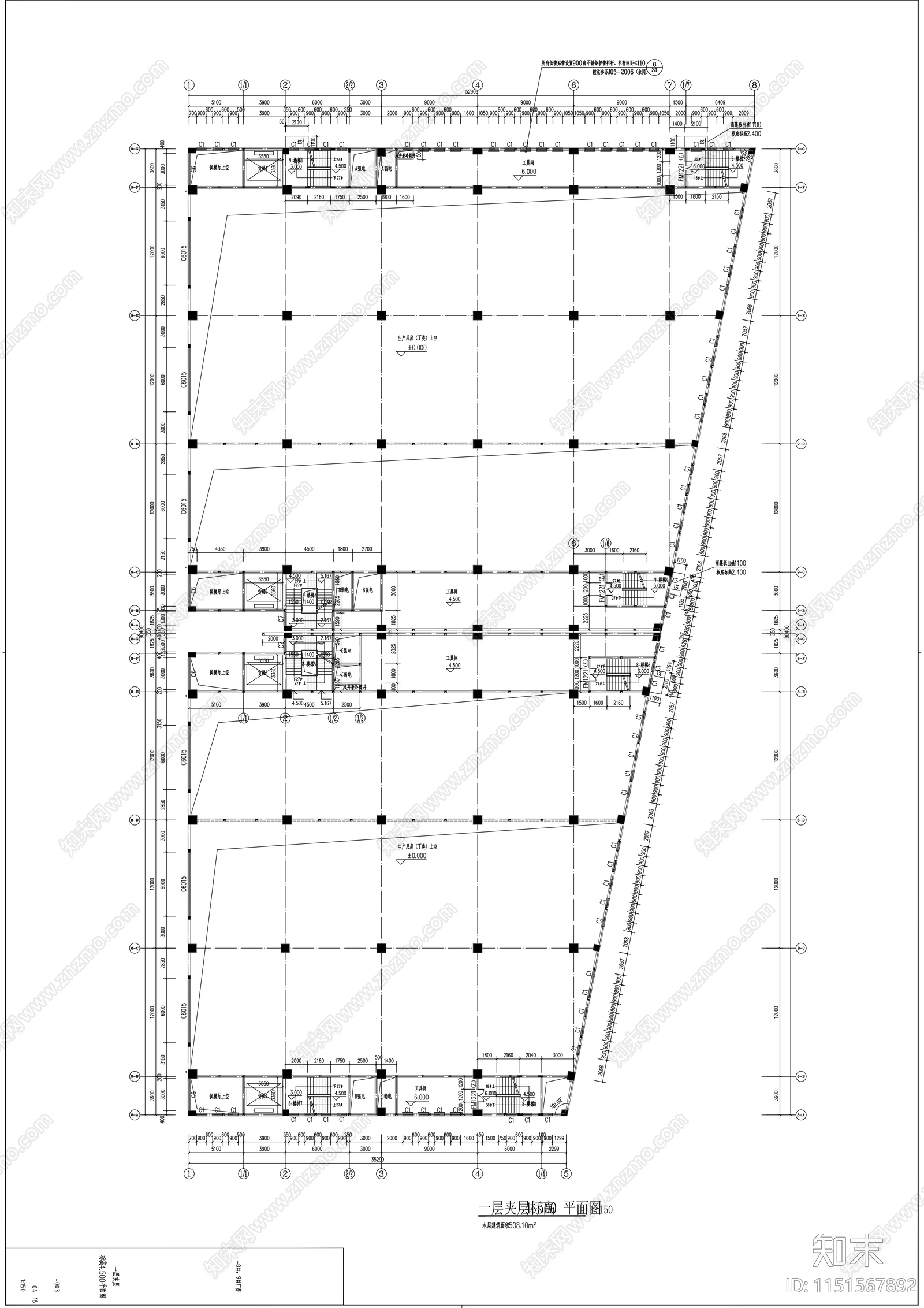 四层玻璃幕墙丁类生产性厂房建筑施工图cad施工图下载【ID:1151567892】