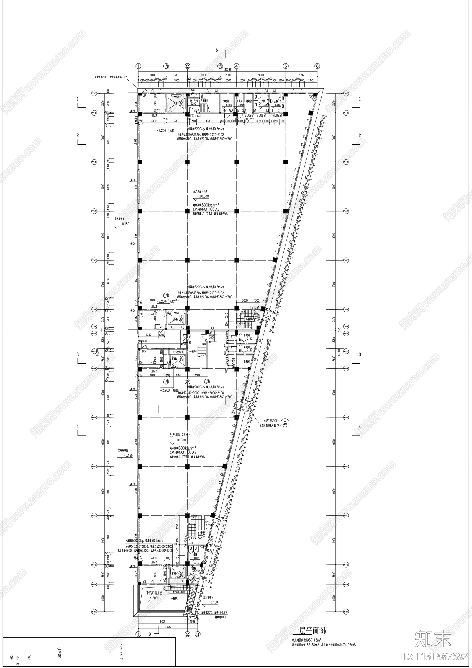 四层玻璃幕墙丁类生产性厂房建筑施工图cad施工图下载【ID:1151567892】