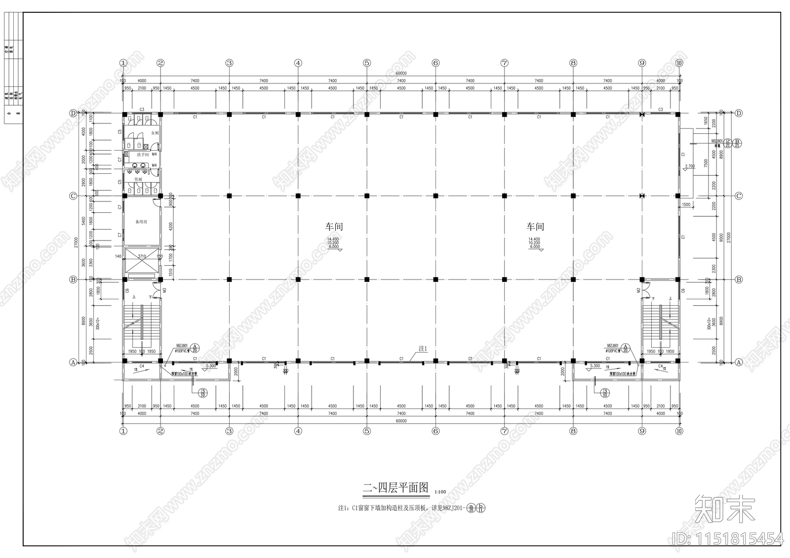 四层厂房建筑cad施工图下载【ID:1151815454】