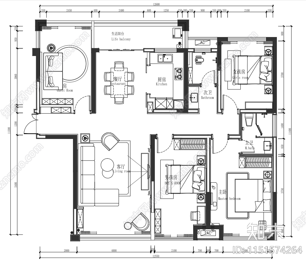 家居卧室室内施工图下载【ID:1151574264】