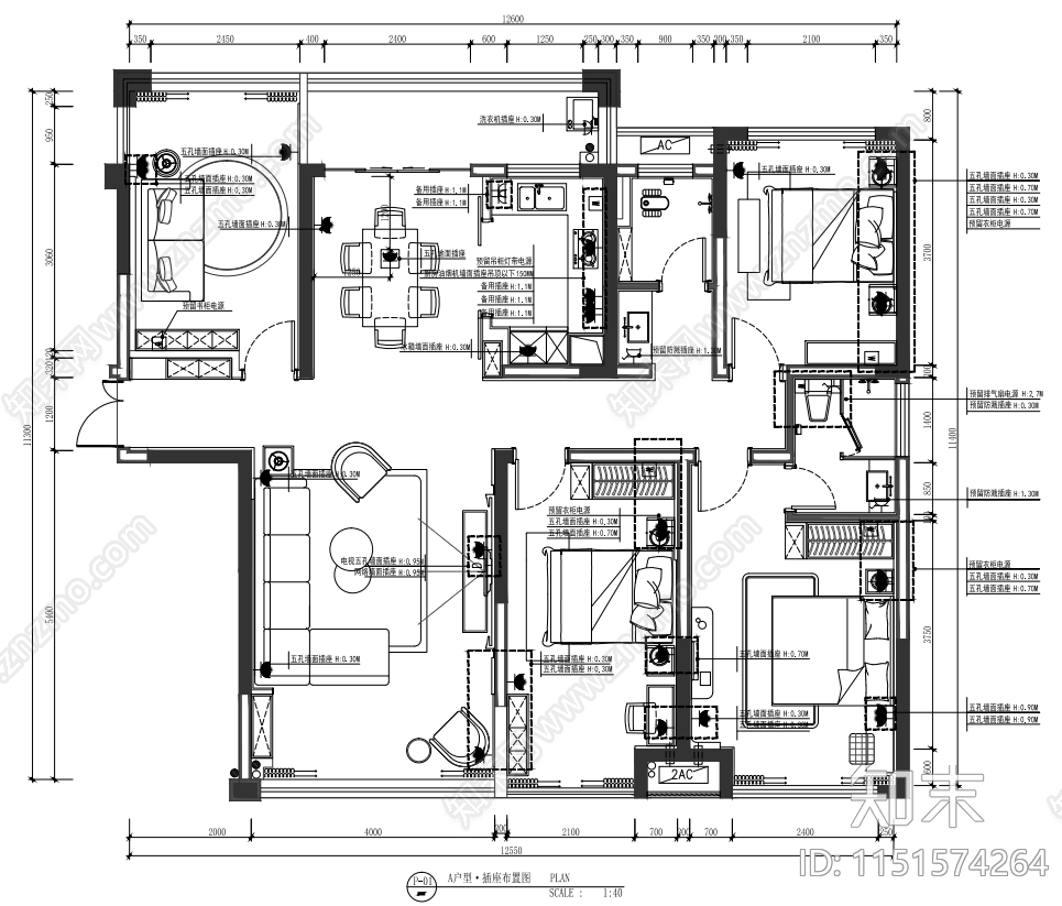 家居卧室室内施工图下载【ID:1151574264】