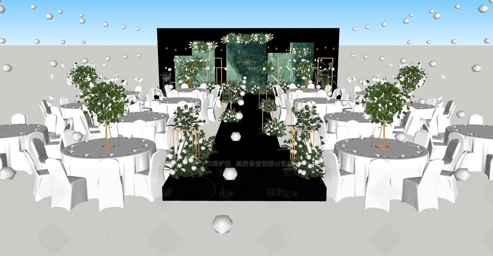 现代绿色婚礼宴会厅SU模型下载【ID:1151574481】