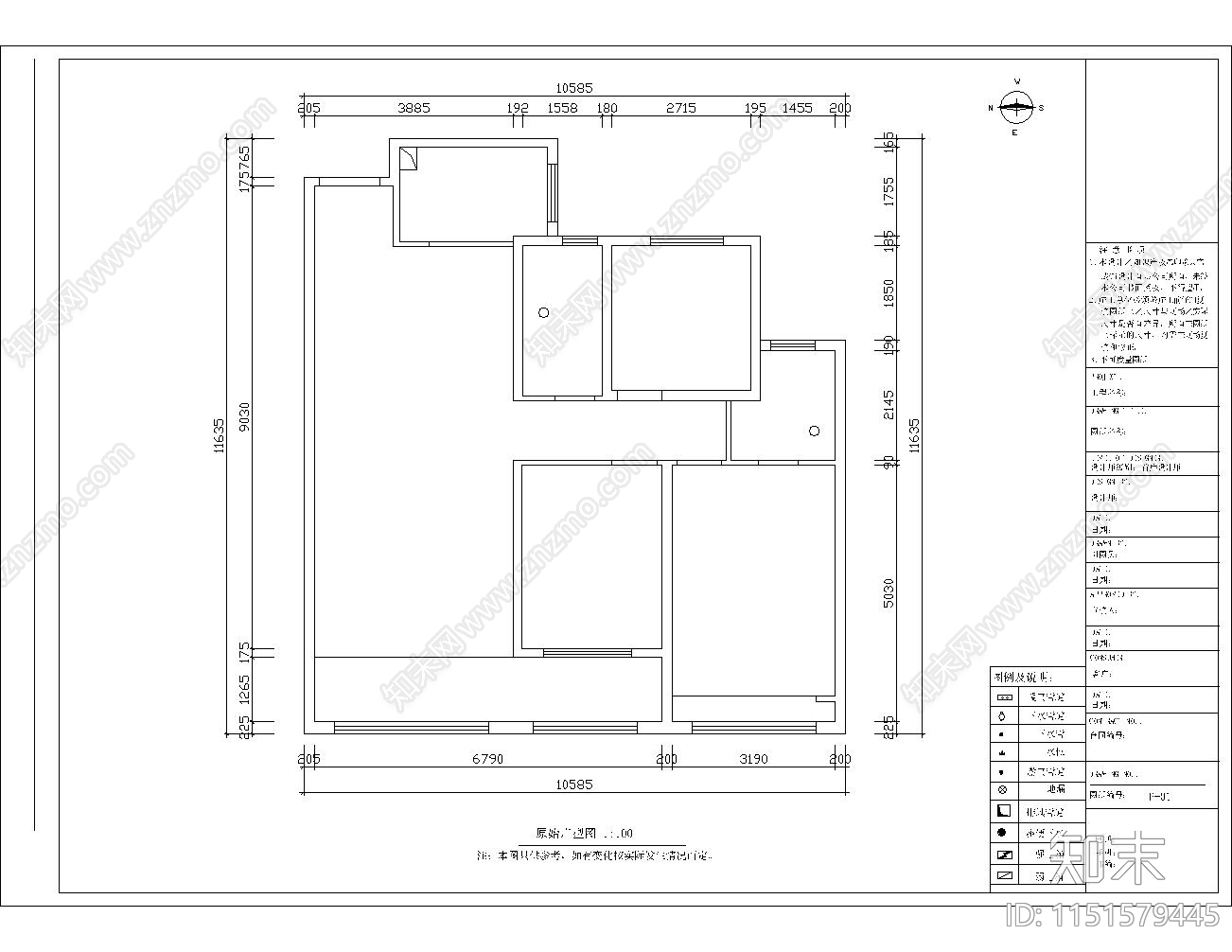 三居室家装平面图cad施工图下载【ID:1151579445】