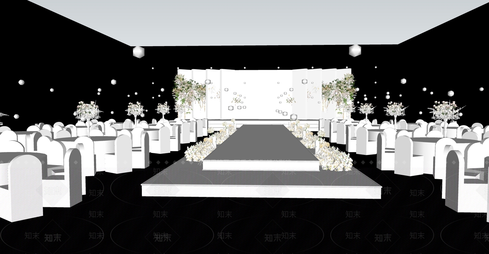 现代舞台白色秀场婚礼宴会厅SU模型下载【ID:1151584137】
