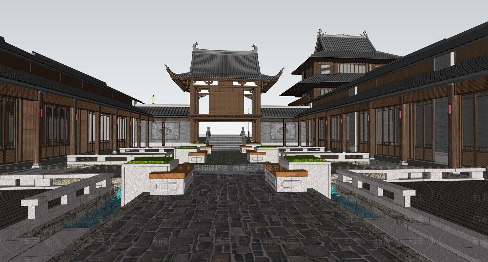 中式风情商业街SU模型下载【ID:1151584668】