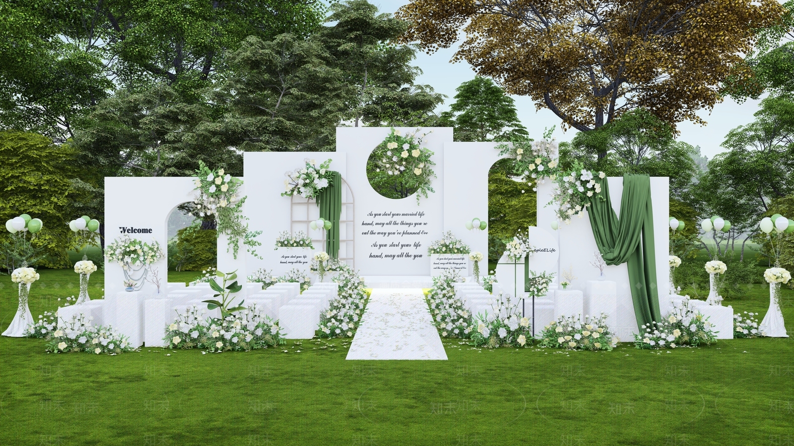 现代纯白色户外婚礼美陈SU模型下载【ID:1151585783】