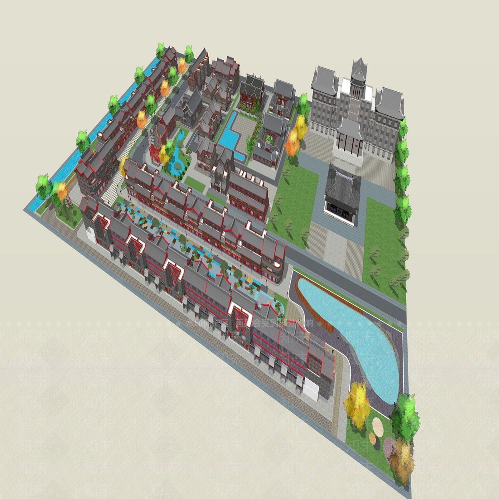 中式古镇商业街SU模型下载【ID:1151586709】