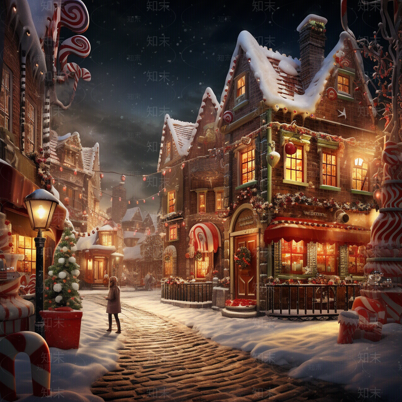 圣诞雪景街道装饰画贴图下载【ID:1151590621】