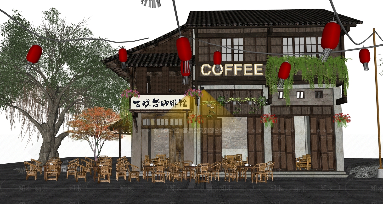 新中式古镇咖啡馆SU模型下载【ID:1151591716】