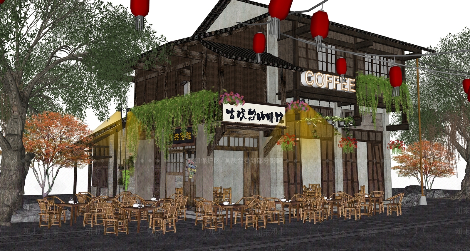 新中式古镇咖啡馆SU模型下载【ID:1151591716】
