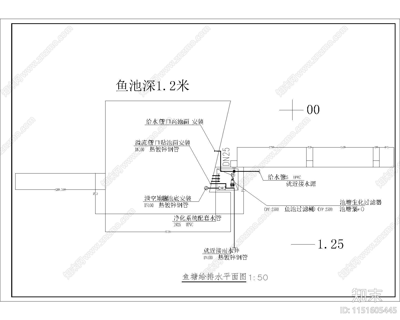 鱼塘给排水平面图施工图下载【ID:1151605445】