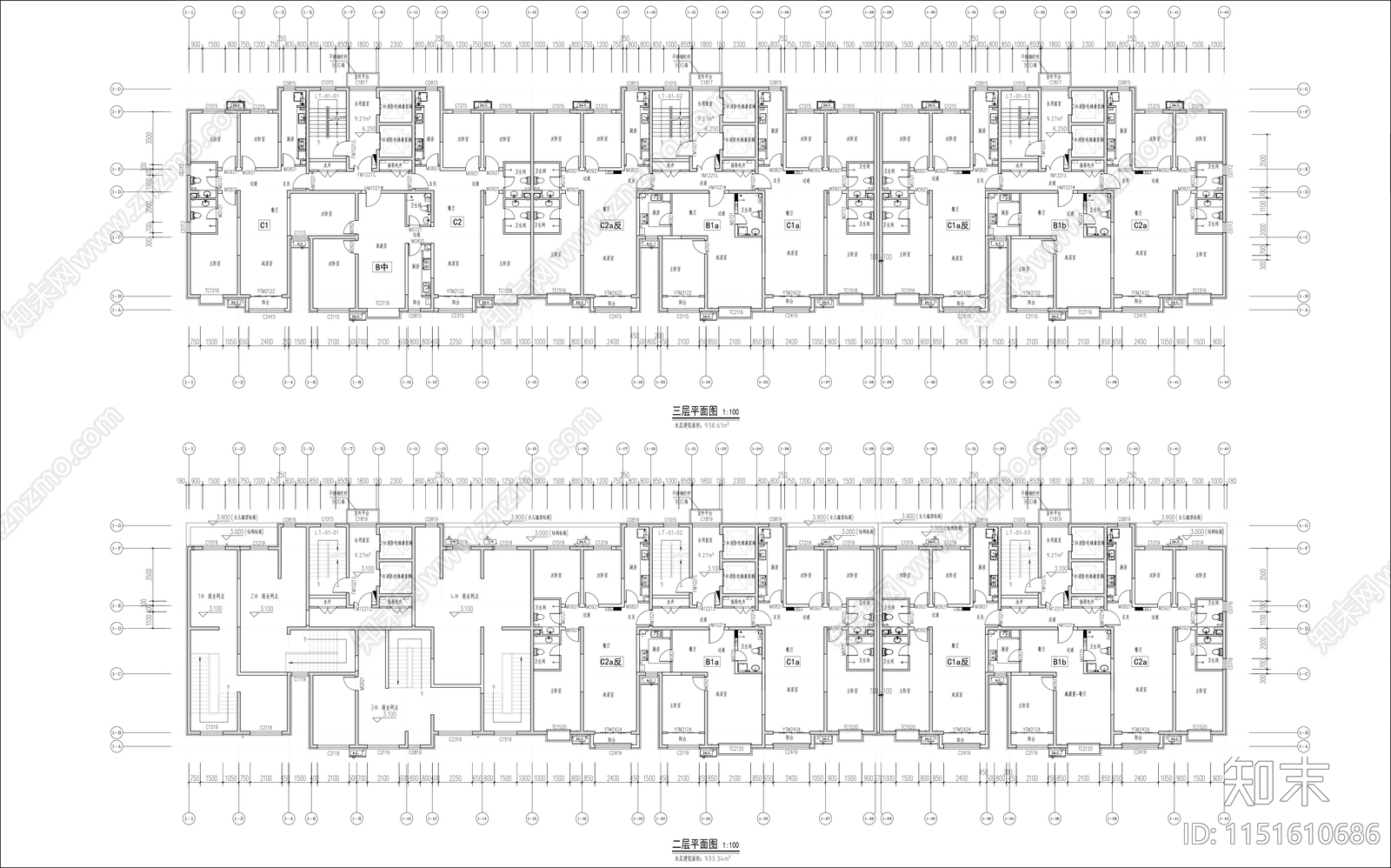 18层带底商住宅平立面cad施工图下载【ID:1151610686】