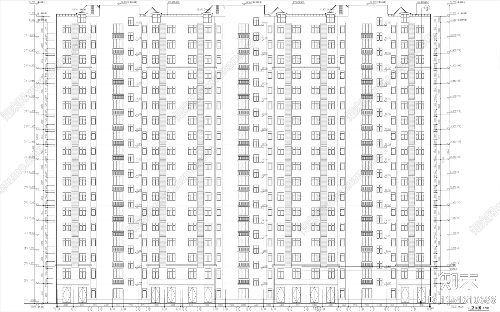 18层带底商住宅平立面cad施工图下载【ID:1151610686】