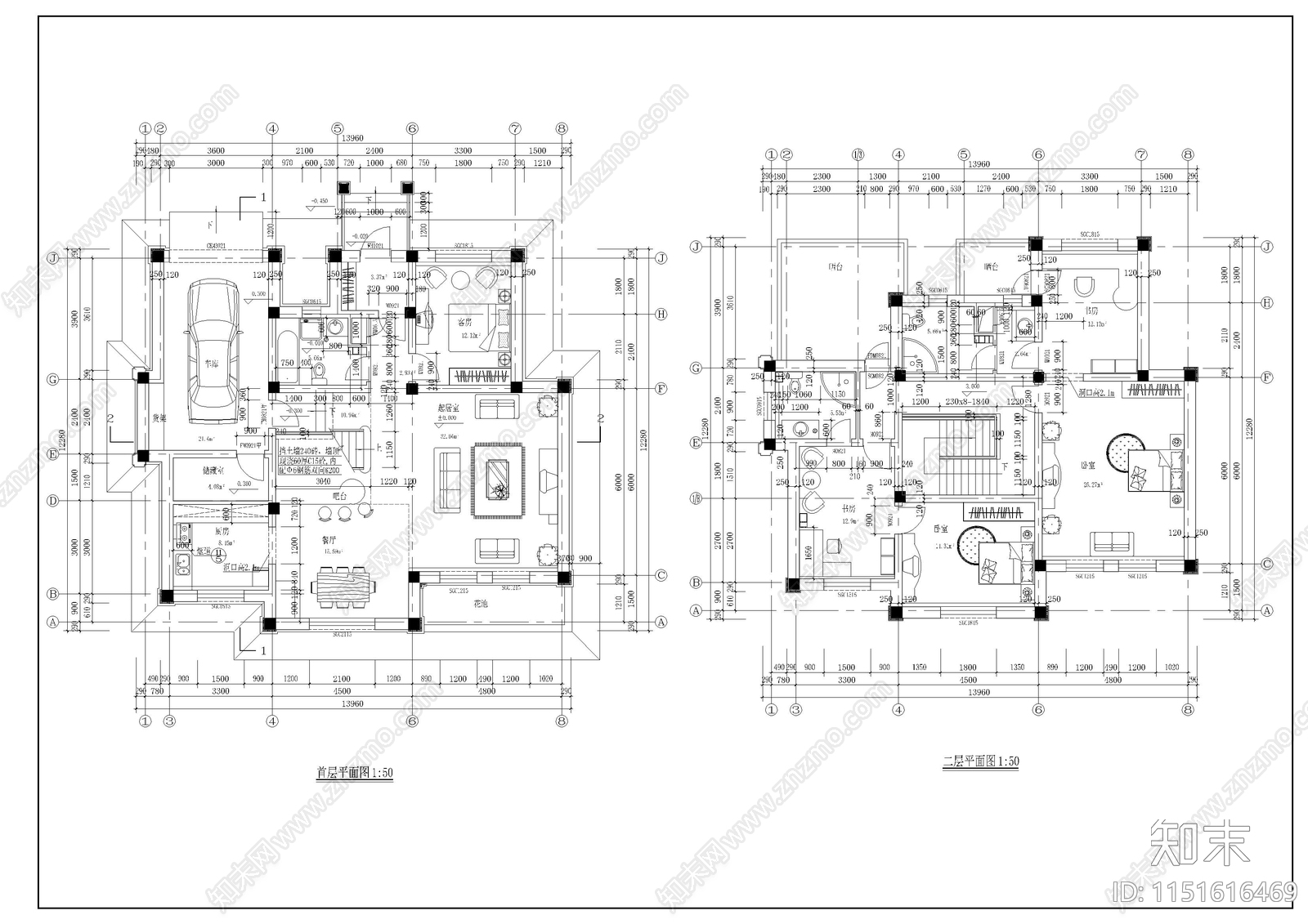 别墅带车库建筑设计cad施工图下载【ID:1151616469】