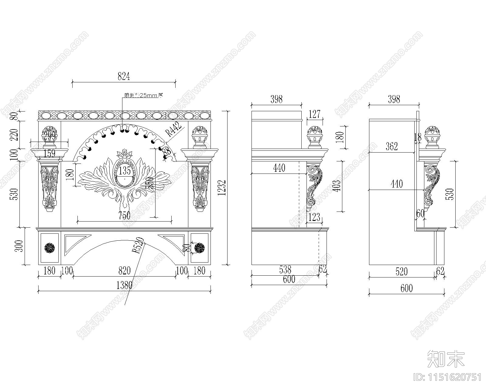 美式雕花烟机罩施工图下载【ID:1151620751】