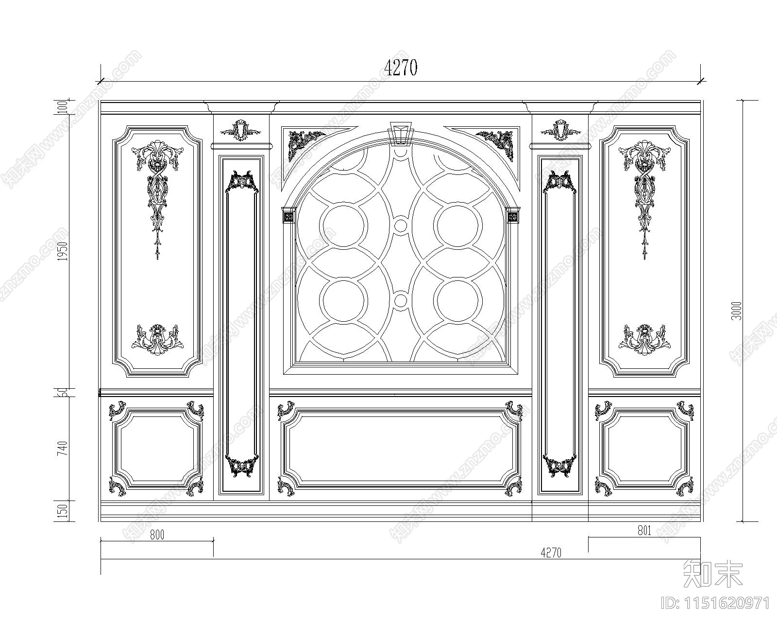 四款美式雕花窗墙板背景墙cad施工图下载【ID:1151620971】