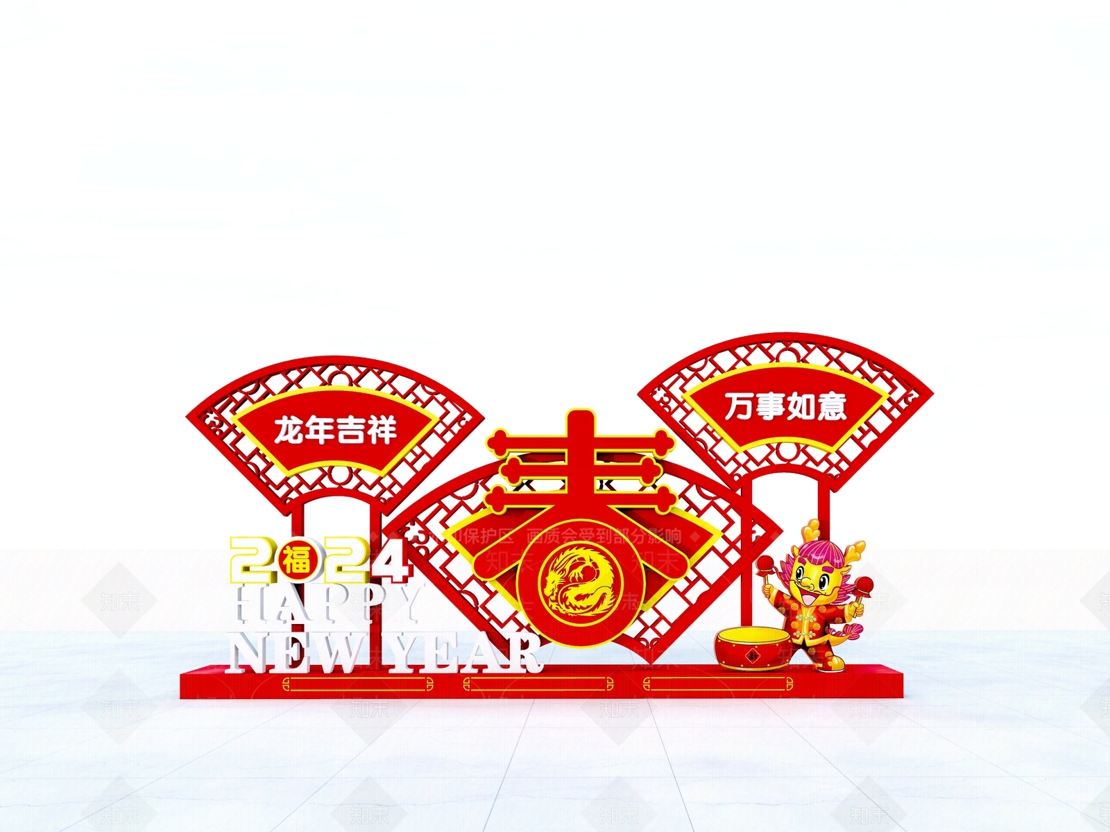 新中式风格新年美陈SU模型下载【ID:1151621853】