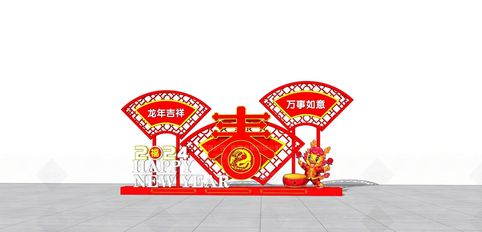 新中式风格新年美陈SU模型下载【ID:1151621853】