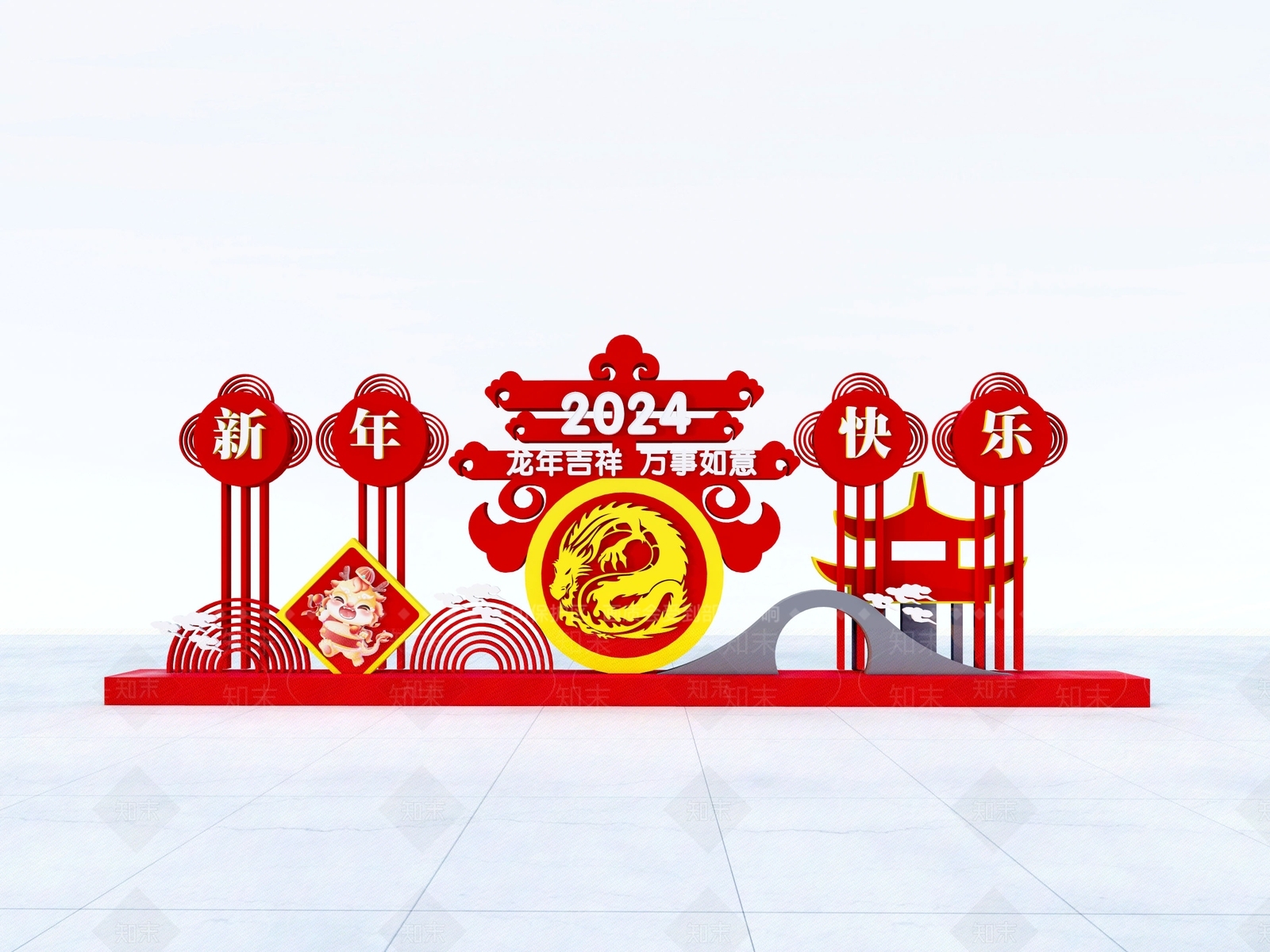 新中式风格新年美陈SU模型下载【ID:1151621946】
