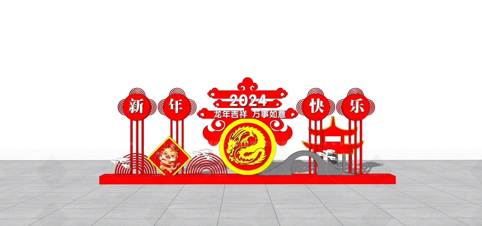 新中式风格新年美陈SU模型下载【ID:1151621946】