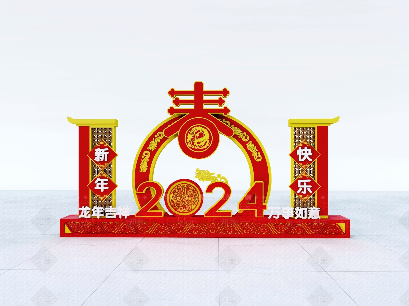 新中式风格新年美陈SU模型下载【ID:1151622117】
