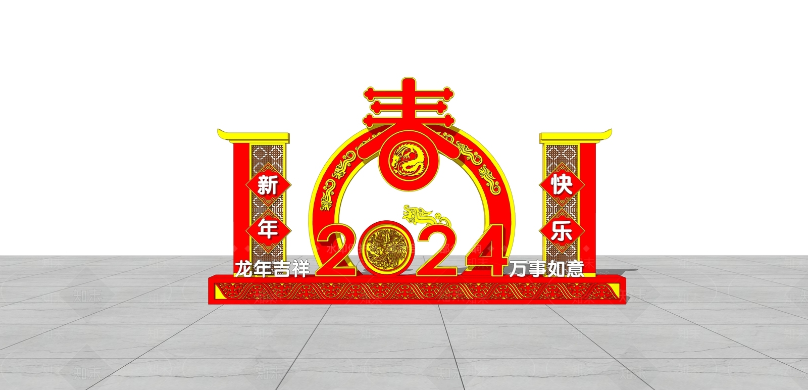 新中式风格新年美陈SU模型下载【ID:1151622117】