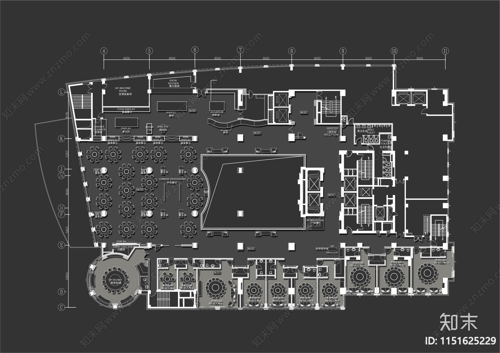 1500㎡酒店餐厅平面布局图施工图下载【ID:1151625229】