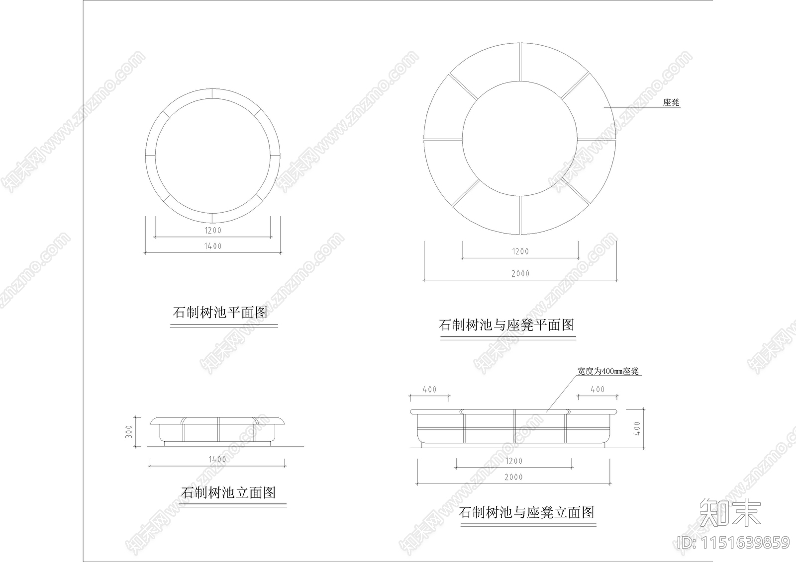 90套休闲坐凳树池图库cad施工图下载【ID:1151639859】