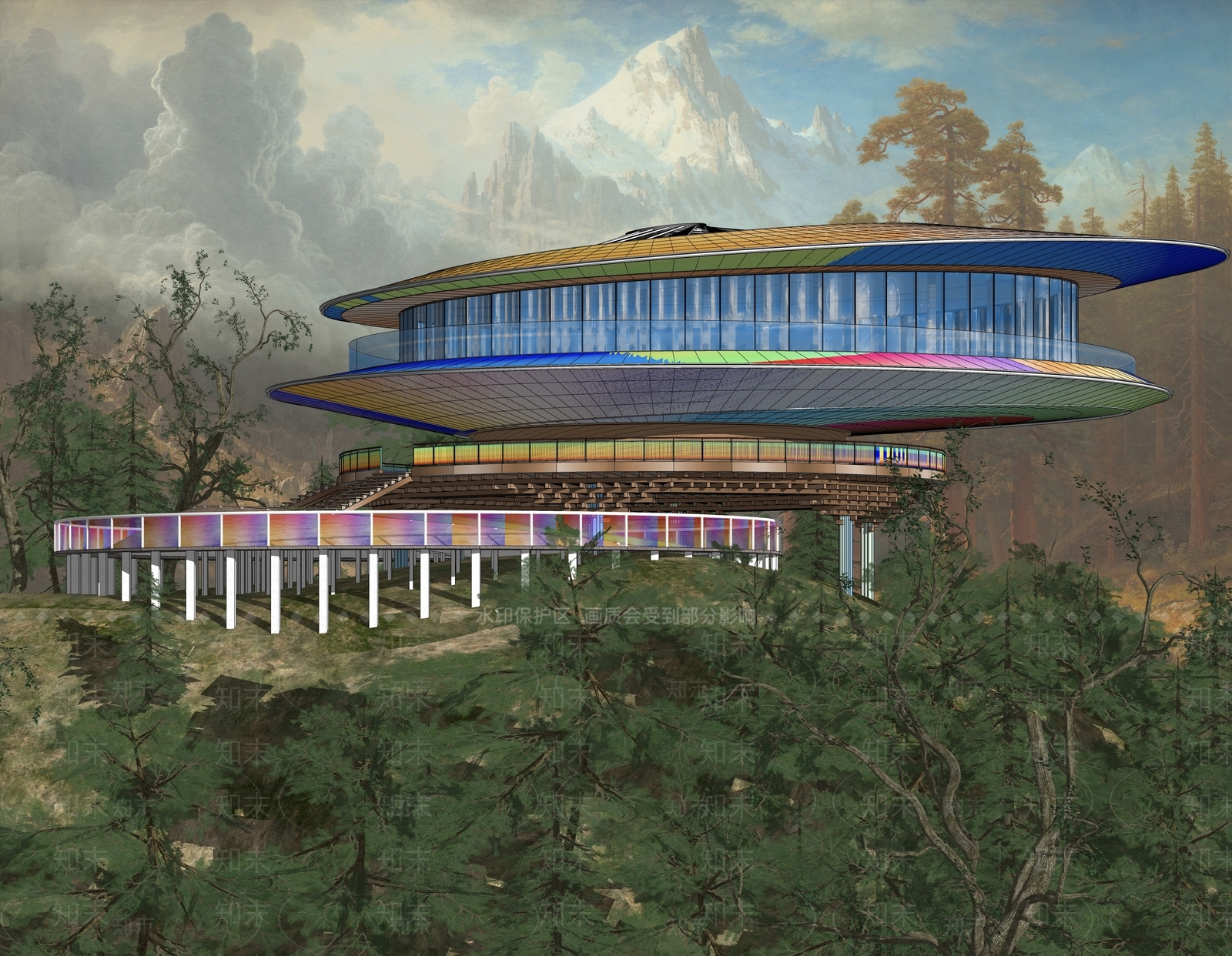 现代山顶观光展览馆建筑SU模型下载【ID:1151643108】