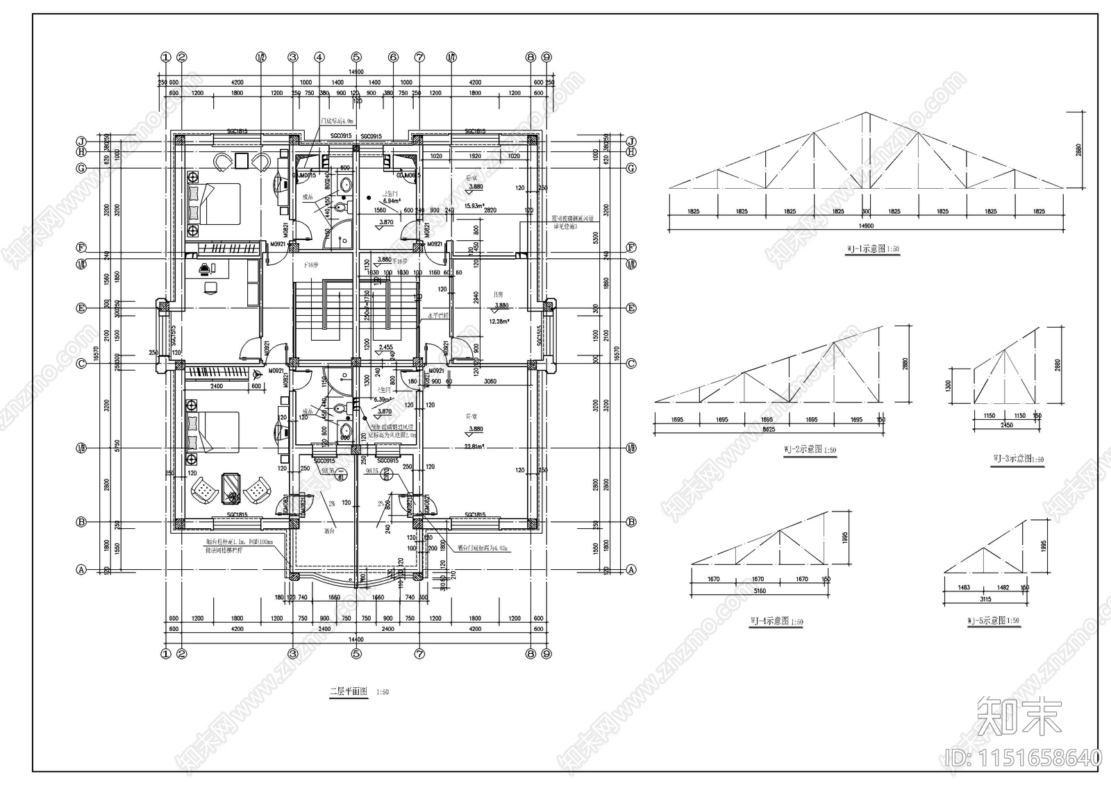 别墅建筑cad施工图下载【ID:1151658640】