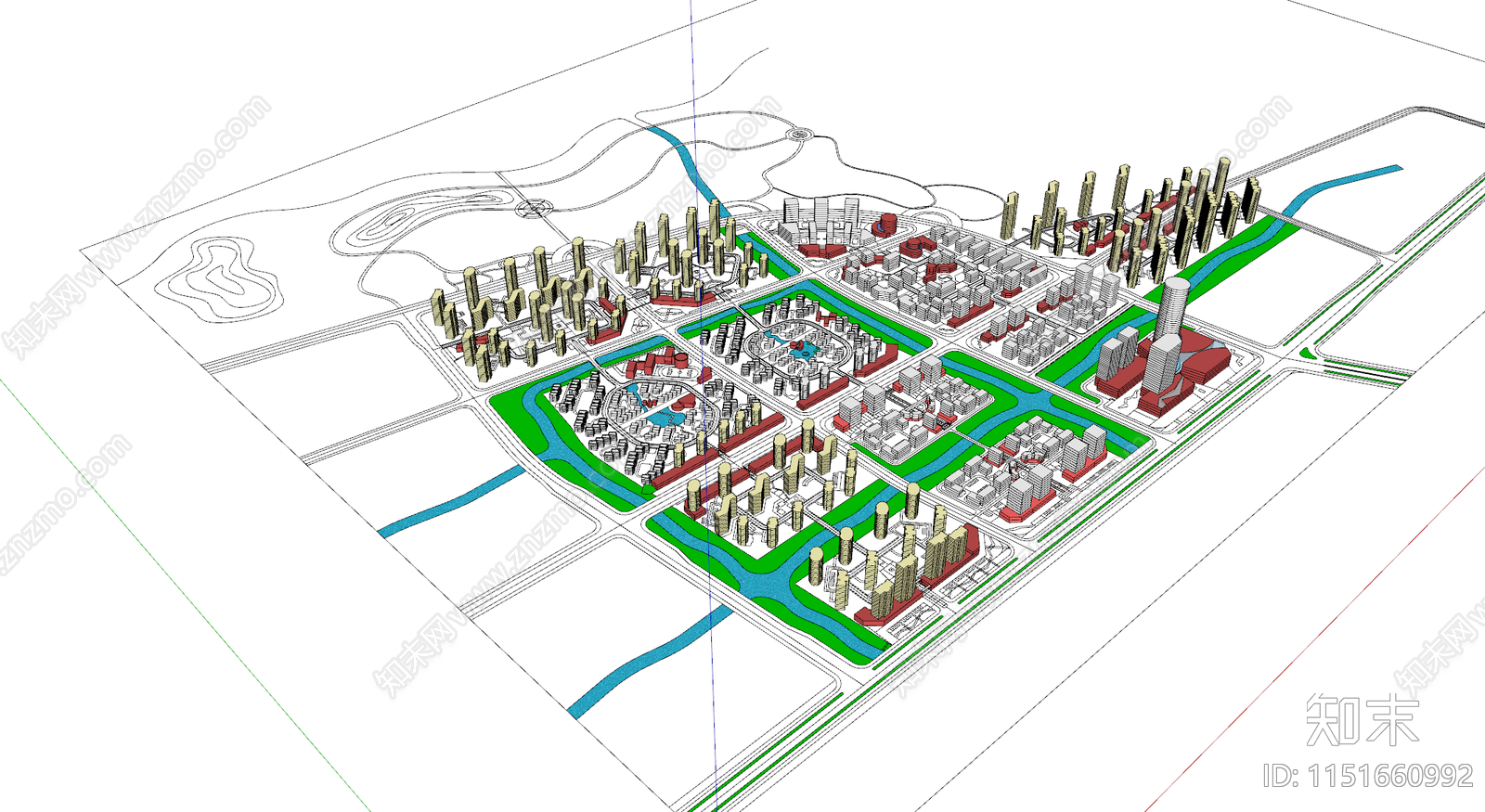 现代城市鸟瞰城市规划简模SU模型下载【ID:1151660992】
