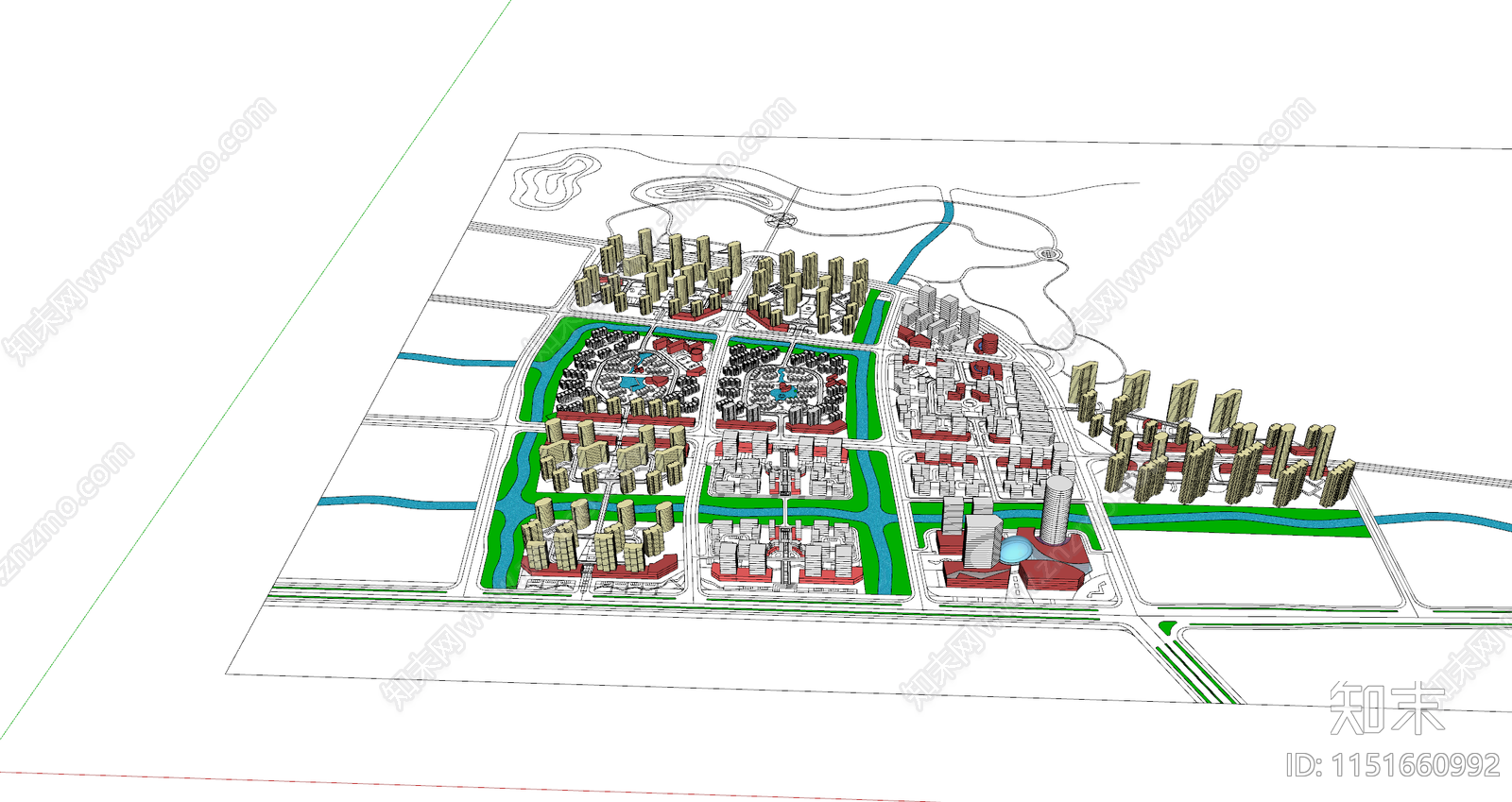 现代城市鸟瞰城市规划简模SU模型下载【ID:1151660992】