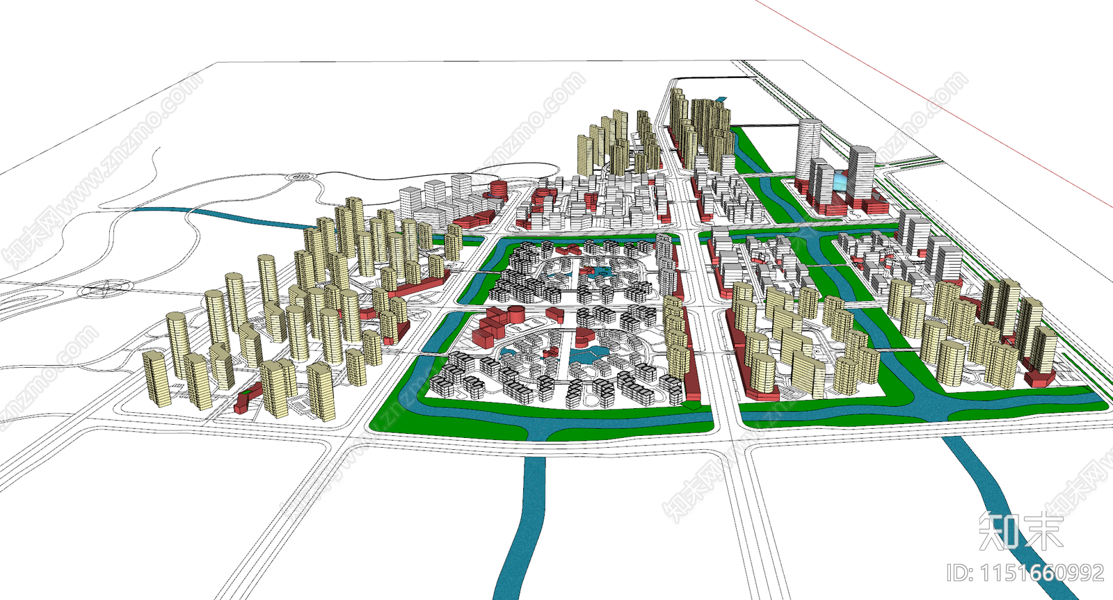 现代城市鸟瞰城市规划简模SU模型下载【ID:1151660992】