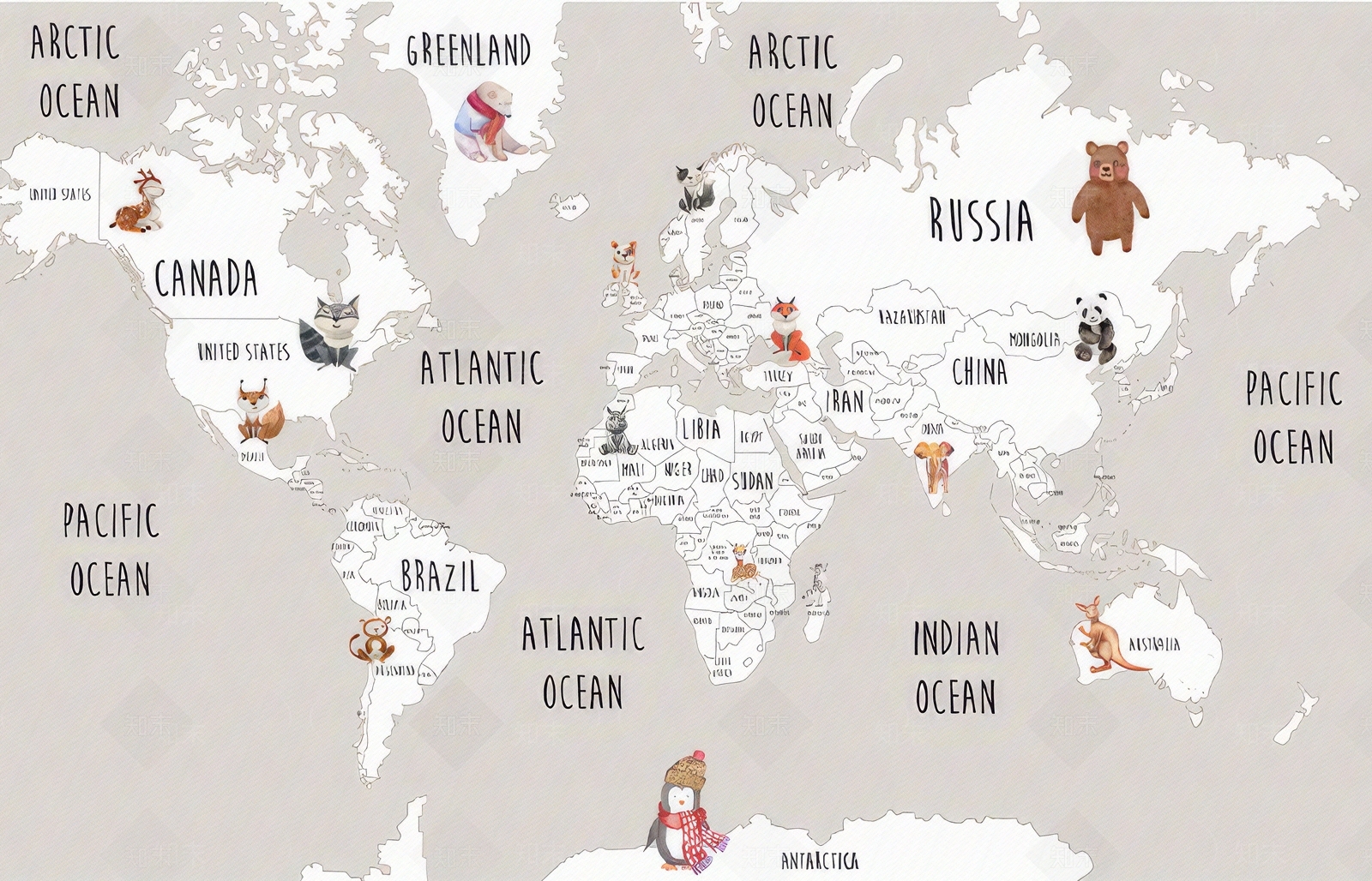 儿童房世界地图卡通动物壁纸壁布背景墙贴图下载【ID:1151663142】