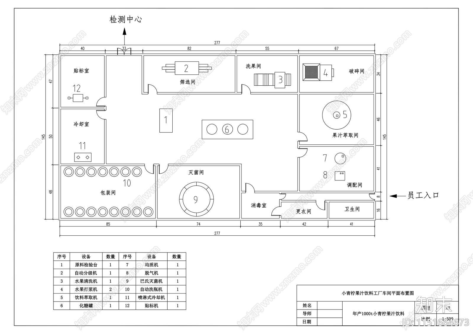 年产1000t小青柠果汁饮料工厂车间陪你及流程图施工图下载【ID:1151664673】