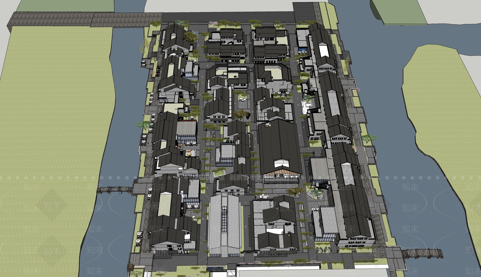 中式风格滨水文旅商业街区SU模型下载【ID:1151664538】