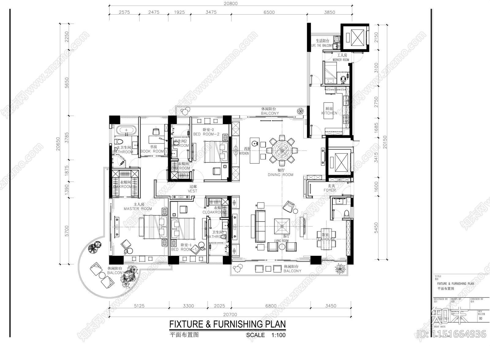 现代轻奢平层室内cad施工图下载【ID:1151664936】