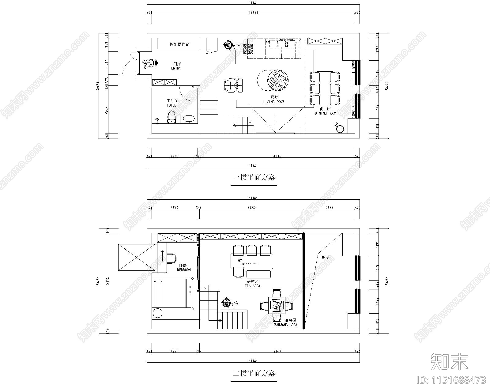 70m²家装loft复式公寓棋牌室平面图cad施工图下载【ID:1151688473】