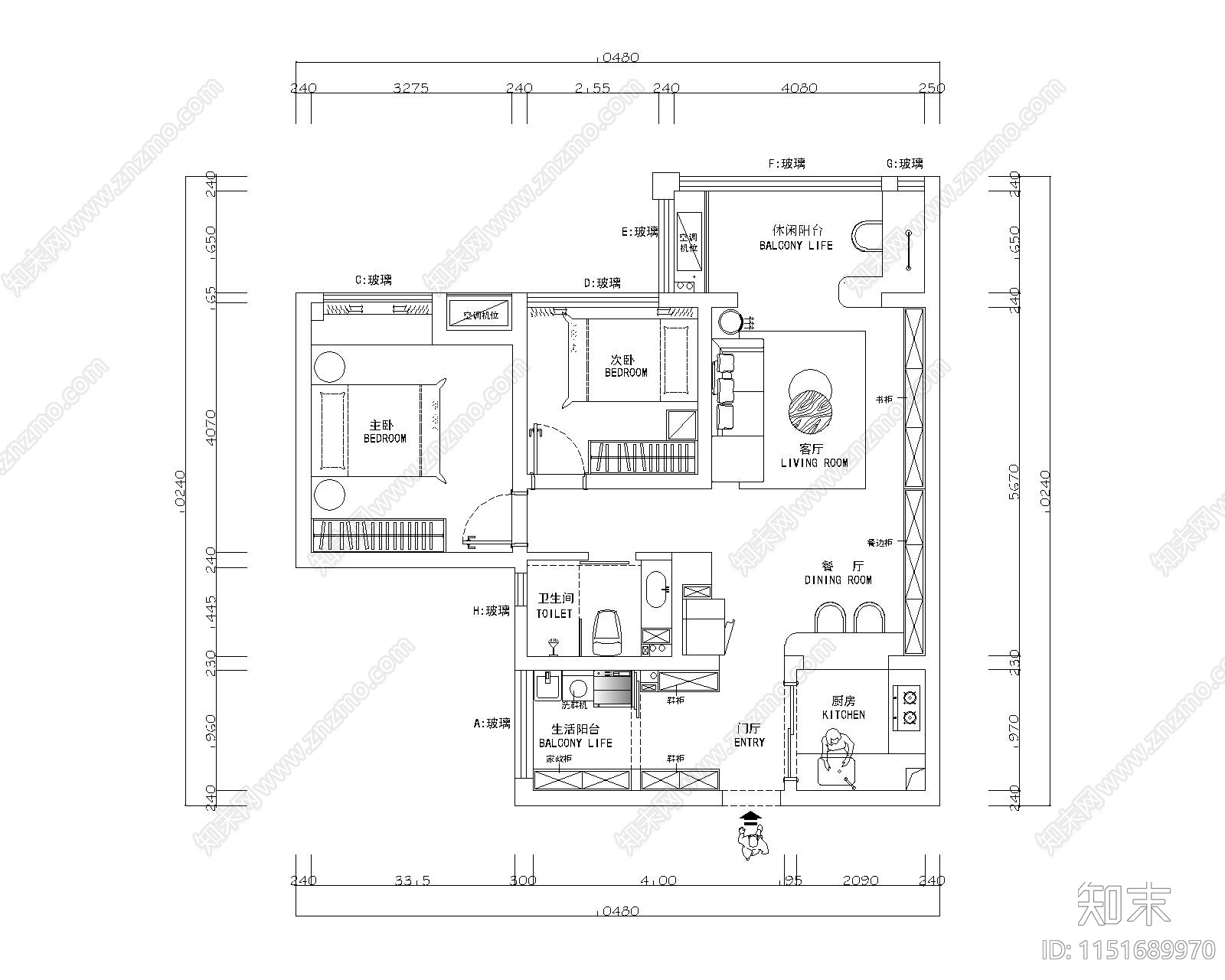 90m²家装住宅平面图cad施工图下载【ID:1151689970】