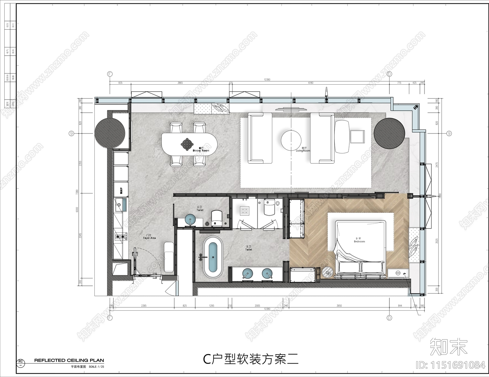 单间C户型单身公寓施工图下载【ID:1151691084】