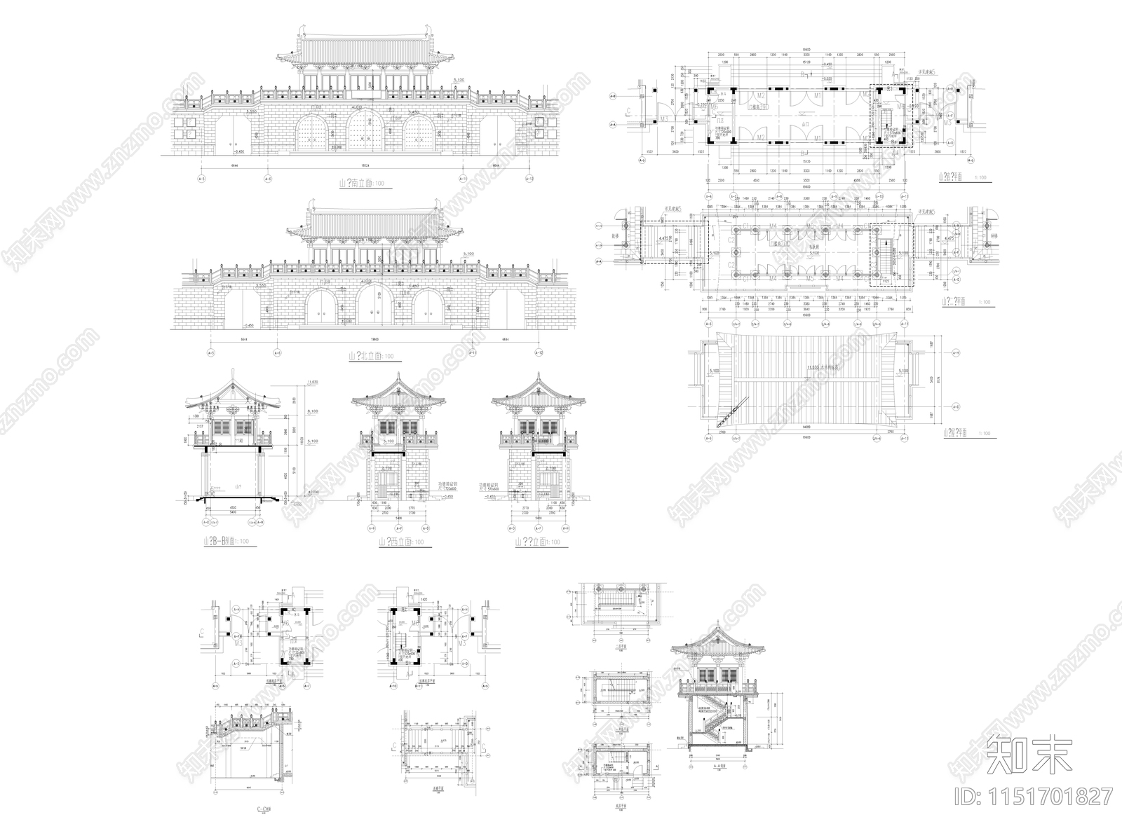 寺庙仿古山门建筑cad施工图下载【ID:1151701827】