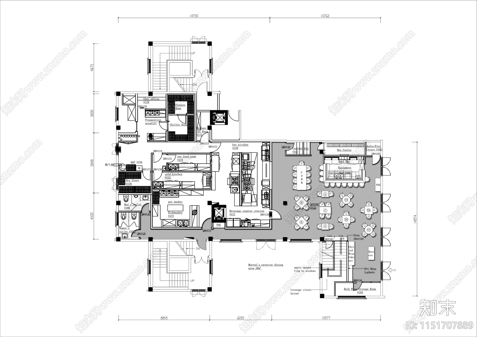 400㎡西餐厅平面图施工图下载【ID:1151707889】