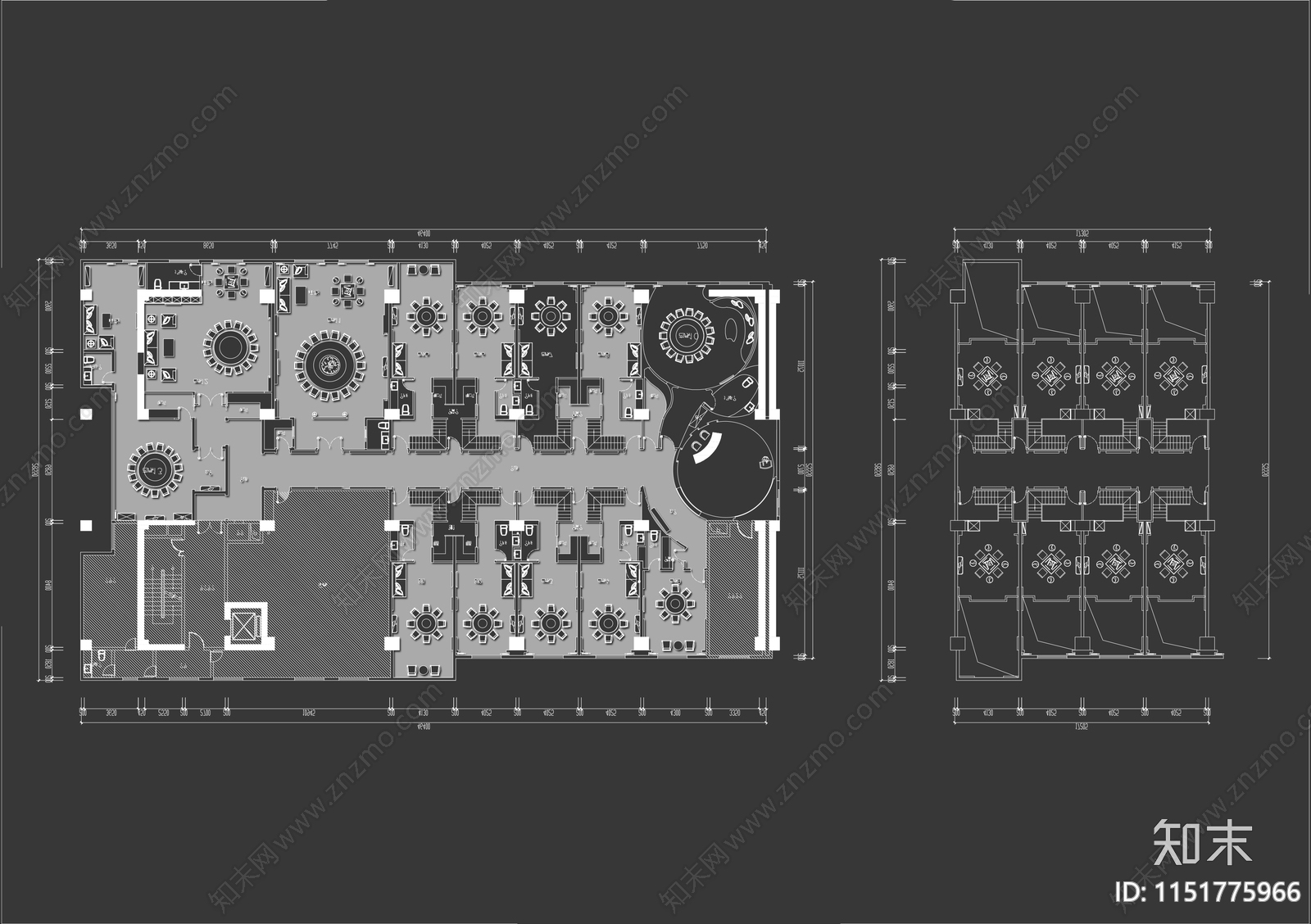 1000㎡高档包房餐厅平面布局方案施工图下载【ID:1151775966】